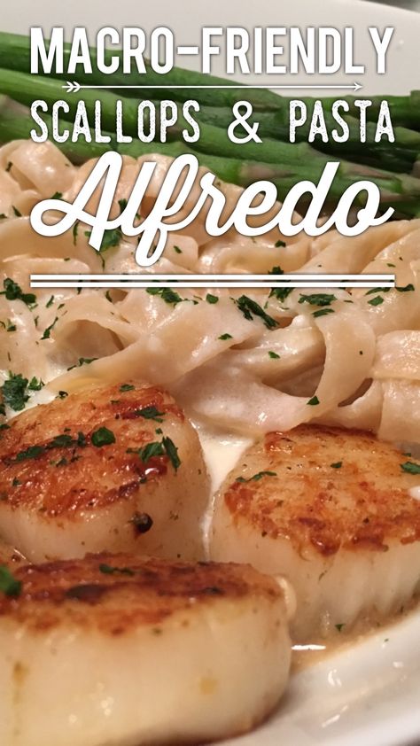 Scallop Fettucini Alfredo, Scallops Alfredo Pasta, Scallop Alfredo Pasta Recipe, Scallop Alfredo Pasta, Scallops Alfredo, Scallop Alfredo, Scallops And Pasta, Macro Eating, Scallop Recipes Pasta