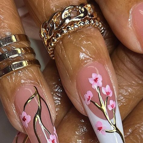 jae | sac gel nails on Instagram: "handpainted cherry blossom frenchiez + isolated chrome 🌸  i really love these 🥹  #cherryblossomnails #floralnails #floralnailart #springnails #frenchtipnails #frenchtips #coffinnails #coffinnailshape #chromenails #chromenailart #nailtrends #nailtrend #trendynails #nails2024 #nailsnailsnails #coachellanails  #concertnails #vacationnails #cleangirlaesthetic #gelxnails #sacramentonailtech #sacramentogelx #curedbyjae" Spring Nails Cherry Blossom, Cherry Blossom Inspired Nails, Isolated Chrome Nails, Japan Inspired Nails, Nails Cherry Blossom, Sakura Nails, Cherry Blossom Nails Design, Japan Nails, Coachella Nails