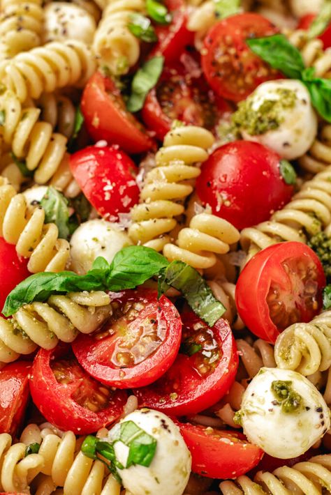 Caprese pesto pasta salad in a white bowl. Caprese Pesto Pasta Salad, Budha Bowls, Herbed Potato Salad, Pesto Salad, Cold Pasta Salad Recipes, Caprese Pasta Salad, Salads For A Crowd, Fresh Tomato Recipes, Caprese Pasta