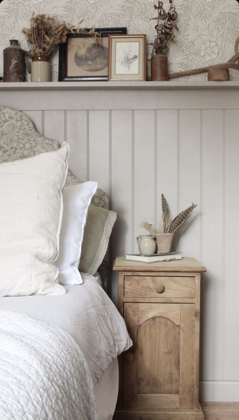 Picture Shelf In Bedroom, Panelling Tongue And Groove, Tongue And Groove Feature Wall, Cottage Style Bedroom Master Suite, Panelling Shelf Bedroom, White Paneling Bedroom, Cotswold Cottage Interior Bedroom, Panelling Behind Bed Bedroom Wall, Bedroom Tongue And Groove Panelling