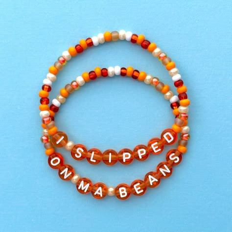 "I Slipped On Ma Beans bracelet set! Handmade with love using Czech glass beads, orange and white letter beads and stretch cord. Get creative! All my bracelets are meant to be mixed, matched & stacked!  SIZING: Measure your wrist around the widest point and add .25-.5 inches to get the most comfortable or desired fit. If you don't have a flexible tape measure, you can use a piece of string to wrap around your wrist and then measure the length of the string. (For example: my wrist size is 6\" and I will wear a 6.5\" bracelet for a snug fit and 7\" for a loose fit). CARE INSTRUCTIONS: Please be careful to not overstretch bracelets too far. They are made out of a durable elastic string but are still capable of breaking if not handled carefully. Avoid submerging bracelets in water and store in Bluey Bingo Bracelets, Bluey And Bingo Bracelets, Bluey Bracelet Ideas, Bluey Bracelets, Funny Bracelets Beads Words, Funny Bracelets, Disney Bracelets, Bluey Stuff, Disney Bracelet