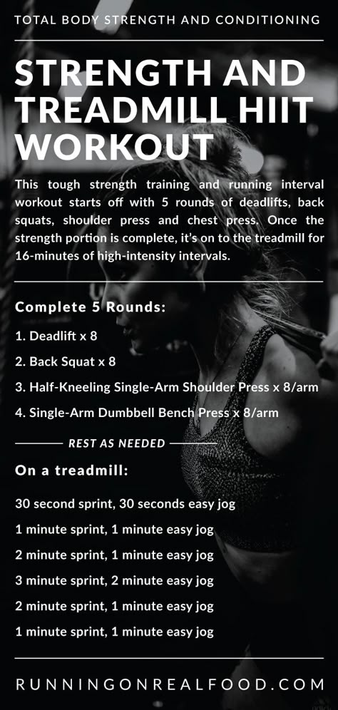 This tough running, strength and conditioning workout starts off with 5 rounds of deadlifts, back squats, kneeling single-arm kettlebell press and single-arm chest press. Once you're done that, you'll hop on the treadmill for 16 minutes of high-intensity intervals. Treadmill Cross Training Workout, Treadmill Strength Workout, Run And Strength Workout, Run Strength Workout, Treadmill And Strength Workout, Treadmill Bootcamp Workout, Hiit Running Workout, Treadmill Hiit Workout, Treadmill Hiit