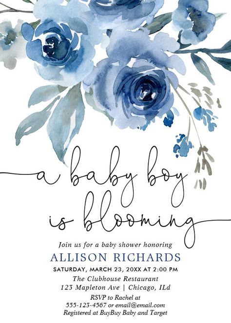 A Baby Boy Is Blooming Navy Blue Baby Shower Invitation #girlbabyshowerinvitations #babyshowerinvitations #zazzle #zazzleinvitation #virtualshower #showerbymail #drivebyshower #couplesshowerinvitations #woodlandbabyshowerinvitations #disneybabyshowerinvitations #bohobabyshowerinvitations Baby Boy In Bloom, Blue White Flowers, Baby Boy Shower Invitations, Blue Baby Shower Invitations, Baby Shower Announcement, Blue Peony, Baby Shower Blue, Boy Shower Invitations, Boho Baby Shower Invitations