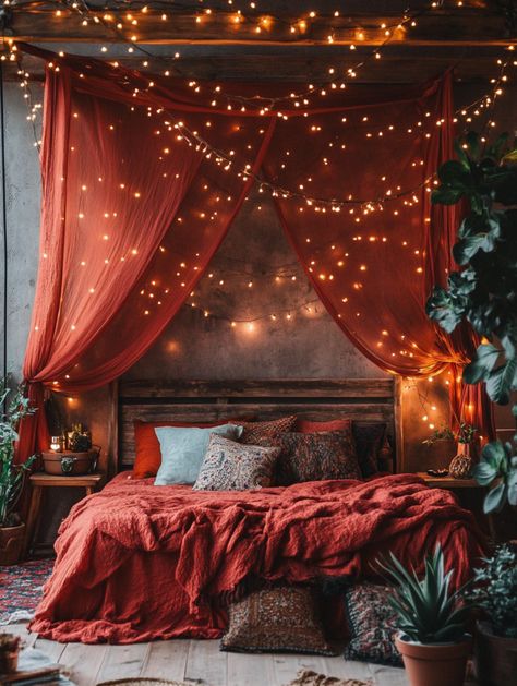 Red Boho Bedroom, Burnt Orange Rooms, Spiritual Bedroom, Color Palette Bold, Creative Bedroom Decor, Boho Bathrooms, Burgundy Bedroom, Red Interior Design, Statement Rugs