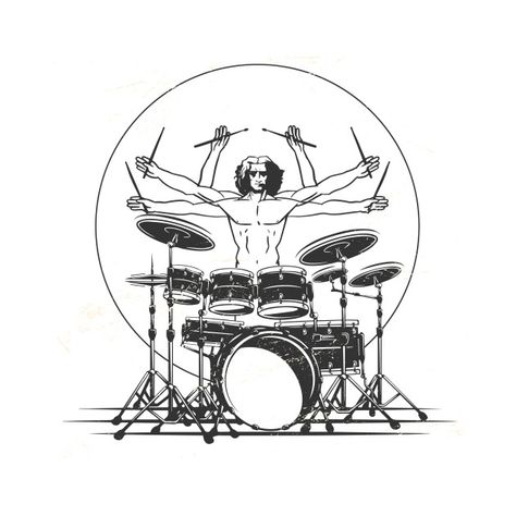 Drummer Tattoo, Drummer Humor, Drum Tattoo, Da Vinci Vitruvian Man, Arte Heavy Metal, Arte Jazz, Metal Drawing, Drummer T Shirts, Drums Art