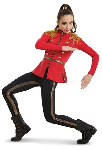 STUDIO EXCLUSIVETwo piece soldier costume includes two-color unitard and vestLong sleeve unitard has red shiny spandex sleeves and black shiny spandex bottomsBottoms feature a gold stripe on the inseams and sidesStretch vest has decorative gold buttonsFringed epaulettesZipper in frontImportedIncludes : Metallic ponytail cuff. Character Dance Costumes, Soldier Character, Step Team, Backup Dancer, Dance Sayings, Dance Costumes Ballet, Dancer Outfits, Nutcracker Costumes, Dance Recital Costumes