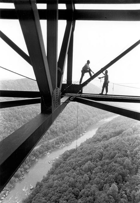 Workers on the New River Gorge Bridge in West Virginia Male Privilege, New River Gorge Bridge, Iron Workers, Iron Worker, Dangerous Jobs, Bridge Construction, Steel Worker, Color Splash Photography, New River Gorge