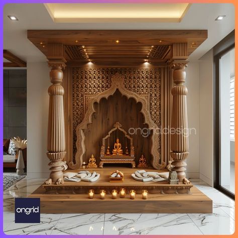 Traditional Pooja Room Ideas for Modern Homes – Ongrid Design Morden Pooja Room, Wooden Pooja Room, Pooja Room Door Design Traditional, Puja Mandir Design, Pooja Mandir Modern Home, Home Mandir Designs Puja Room, Indian Home Temple Puja Room, Puja Room Design Indian Traditional, Luxury Pooja Room Design