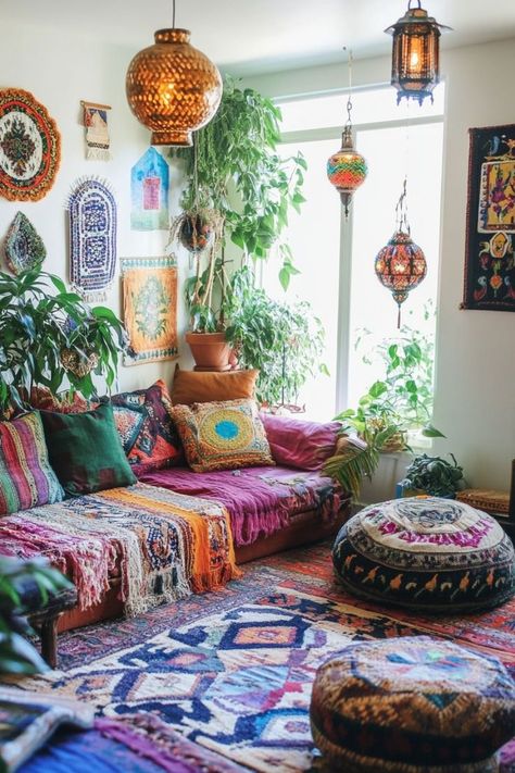 Bohemian Interiors, Boho Home Decor Living Room, Floor Pillows Living Room Boho Style, Jewel Tone Living Room Bohemian, Colorful Minimalist Living Room, Floor Sofa Bohemian, Colorful Living Room Ideas, Maximalist Decor Moroccan, Small Apartment Living Room Layout