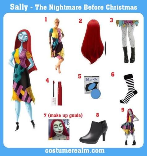 Sallie The Nightmare Before Christmas, The Night Before Christmas Halloween Costume, Sally Costumes For Women, Nightmare Before Christmas Costume Sally, Sally From Nightmare Before Christmas Costume, Nightmare Before Christmas Halloween Diy Costumes, Sally's Dress Pattern, Easy Sally Costume, Nightmare Before Christmas Sally And Jack