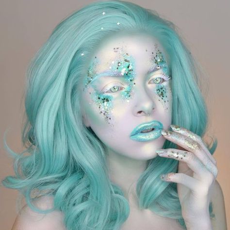 Eyelash Makeup Look, Hair For Halloween, Mint Green Hair, Blue Eyeliner, Star Dust, Fantasy Hair, Special Effects Makeup, Fx Makeup, Crazy Makeup