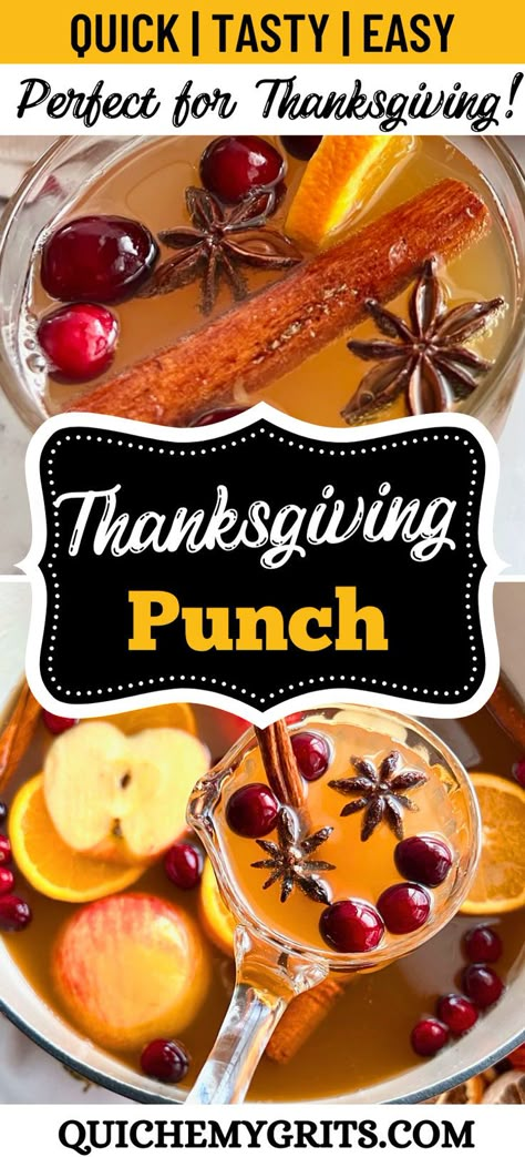 A colorful pitcher of Non-Alcoholic Thanksgiving Punch, brimming with slices of oranges, apples, and cranberries, garnished with cinnamon sticks and star anise. The punch is served in clear glasses, showing off the vibrant hues of the fruits and spices, making it a visually stunning and refreshing beverage perfect for the holiday season. Apple Juice Punch, Thanksgiving Drinks Non Alcoholic, Thanksgiving Cider, Fall Punch Recipes, Thanksgiving Recipes Drinks, Apple Cider Punch, Thanksgiving Punch, Thanksgiving Fruit, Holiday Drinks Alcohol