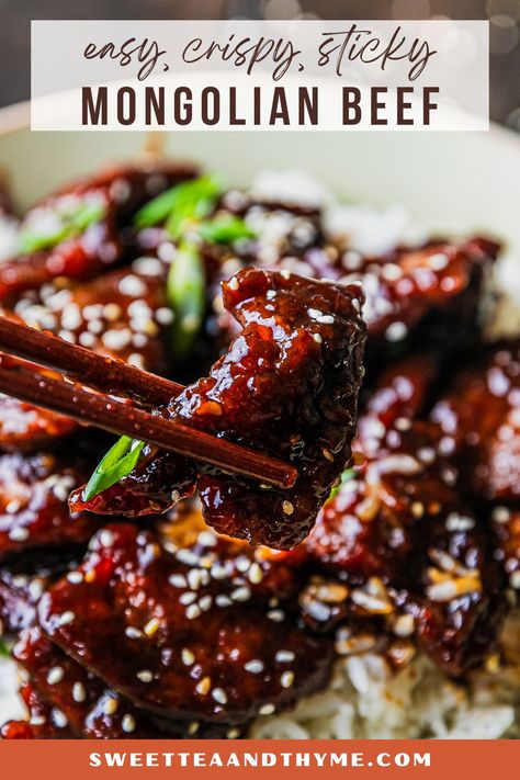 Easy Sticky Crispy Mongolian Beef Sticky Asian Beef, Asian Recipes With Beef, Easy Chinese Food Recipes Beef, Asian Meal Recipes, Magnolias Beef Recipe, Mongolia Beef Recipe, Crispy Mongolian Beef Recipe, Mongolian Beef Marinade, Easy Asian Dishes Simple