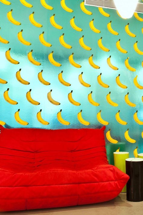 Scratch and sniff wallpaper is real | Home Beautiful Magazine Australia Banana Wallpaper, Brooklyn Design, Scratch And Sniff, Powder Room Decor, Fruit Wallpaper, Drops Patterns, Funky Home Decor, How To Install Wallpaper, Pop Art Wallpaper