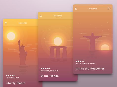 various place with sunset view just pure fun and exploring color scheme for this one :) C for cheers ! B for brofist ! L for love ! Sunset App Icon, Sunset Invitation Design, Sunset App, Travel App Ui Design, Weather Ui, Sunset Vector Illustration, World Places, Ui Web Design, Motion App