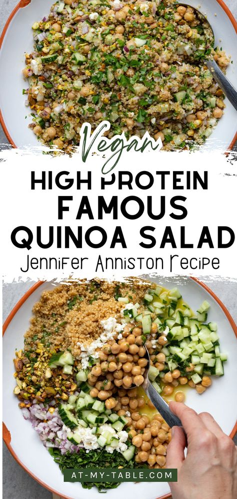 High-protein vegan quinoa salad inspired by Jennifer Aniston’s recipe, loaded with chickpeas, fresh vegetables, and herbs for a healthy vegan meal. Healthy Vegan Meals On A Budget, Meal Prep Recipes Vegan, Easy Vegan Gluten Free Recipes Dinners, Vegan Fiber Sources, Vegetarian Protein Salad Recipes, Vegetarian Non Dairy Recipes, Vegan Grain Recipes, Vegan Meal Prep Dinner Ideas, Vegan For Diabetics