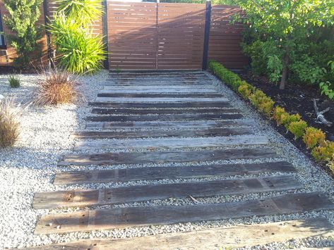 Railway Sleepers Driveway, Sleeper Driveway Ideas, Railway Sleeper Driveway, Rv Driveway Ideas Front Yards, Railway Sleepers Garden Ideas, Sleepers Driveway, Sleeper Driveway, Gravel Driveway Landscaping, Landscape Timbers