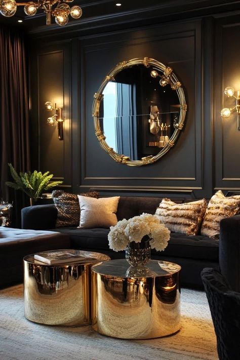 Glamorous Living Room Decor, Black And Gold Decor, Black And Gold Living Room, Glamorous Living Room, Glamorous Living, Gold Rooms, Gold Living, Glam Living, Gold Living Room