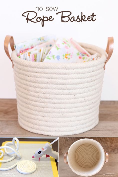 Easy No-Sew Rope Basket Project Tutorial: Use rope, leather strips, and Elmer's new CraftBond Less Mess Hot Glue Sticks & Hot Glue Gun to create a simple, yet stylish basket to help keep your home organized. Sew Rope Basket, Diy Rope Design, Diy Rope Basket, Rope Projects, Rope Baskets, Rope Diy, Basket Crafts, Rope Crafts Diy, Diy Basket