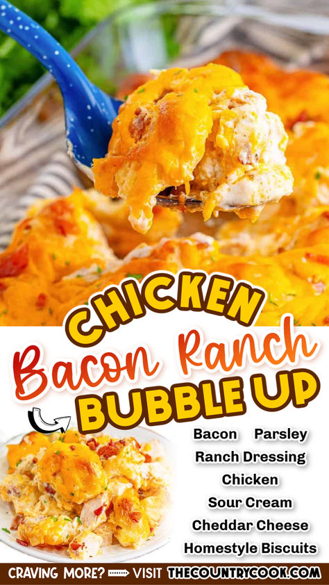 This insanely easy and scrumptious Chicken Bacon Ranch Bubble Up is a filling dinner recipe made with just 6 ingredients and ready to eat in only 40 minutes! Chicken Bacon Ranch Bubble Up Bake, Chicken Bacon Ranch Biscuit Bake, Chicken Game Day Food, Bubble Up Dinner Recipes, Supper Ideas With Biscuits, Chicken Bubble Up, Chicken Chunks Recipe Dinners, Fun Chicken Dinner Ideas, Bubble Up Recipes