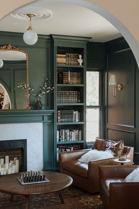 Julian Street - Victorian - Living Room - Denver - by J Reiko Design + Co. | Houzz Living Room With Built In Bookshelves, Sitting Room With Bookshelves, Sitting Room With Desk, Green Reading Room, Painted Wall Paneling, Traditional Sitting Room, Victorian Sitting Room, Room With Bookshelves, Green Study