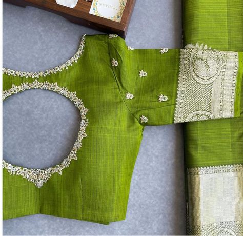 Small Border Blouse Designs Latest, Green Work Blouse Designs, Parrot Green Blouse Design, Green Aari Work Blouse, Border Blouse Designs Latest, Green Pattu Saree, Parrot Green Saree, Green Blouse Designs, Embroidery Work Blouse