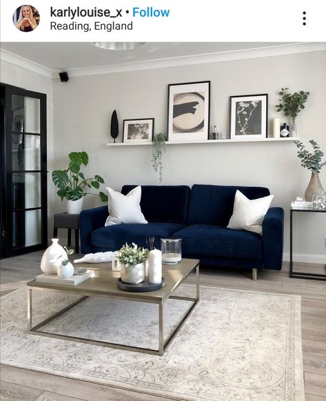 Navy Couch Aesthetic, Minimalist Living Room Navy Couch, Modern Living Room Blue Velvet Sofa, Indigo Sectional Living Rooms, Apartment Aesthetic Blue Couch, Navy Sofa Living Room, Blue Couch Living, Blue Sofa Living, Velvet Sofa Living Room