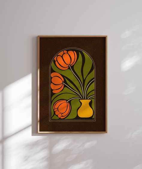 Abstract matisse inspired floral artwork, 70s retro flower poster with lovely colors. This art print is perfect for enhancing up any space, be it your living room, bedroom, office or anywhere else. It also makes a thoughtful and unique gift for your friend for a special event like Christmas, birthday, or housewarming.  FREE worldwide shipping! MORE RETRO FLORAL PRINTS: https://www.etsy.com/shop/SomaPrintsArt?section_id=42881693 PRODUCT DETAILS: ♡ Printed on thick, durable and long-lasting museum Mid Mod Art, Apartment Wall Art Living Room, Mid-century Modern Art, Minimalist Floral Painting, Mcm Painting, Brown Poster, Modern Abstract Artwork, Mid Century Modern Illustration, 70s Flowers