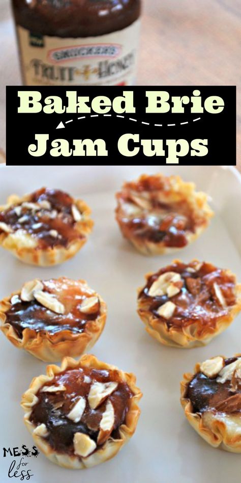 Baked Brie And Bacon Jam Phyllo Cups, Brie Bites Phyllo Cups, Raspberry Jam Appetizers, Brie And Jelly Appetizer, Brie Cheese Bites Recipes, Brie Tarts Holiday Appetizers, Brie Jam Appetizer, Cheese And Jam Appetizers, Brie And Jam Bites