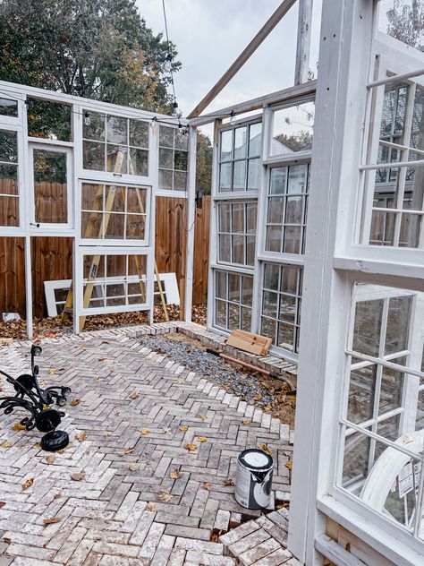 Laying a brick floor has to be the worst/time consuming part so far! Greenhouse Floor, She Shed Greenhouse, French Garden Design, Brick Floor, Outdoor Greenhouse, Greenhouse Shed, Home Greenhouse, Backyard Flowers, Backyard Greenhouse