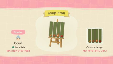 Vamp on Twitter: "my soup stall and menu board for animal crossing! feel free to use #AnimalCrossing #ACNH #NintendoSwitch… " Acnh Veggie Stall, Dream Code, Stall Design, Stall Designs, Menu Board, Photo Dump, Animal Crossing, Work On Yourself, Twitter Sign Up