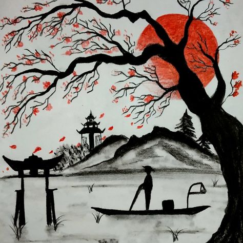 Asian Silhouette Art, Japanese Drawings Easy, Japan Drawing Easy, Japanese Painting Easy, Japanese Sketch Art, Landscape Drawing Easy, Cherry Blossom Tree Tattoo, Blossom Tree Tattoo, Japan Painting