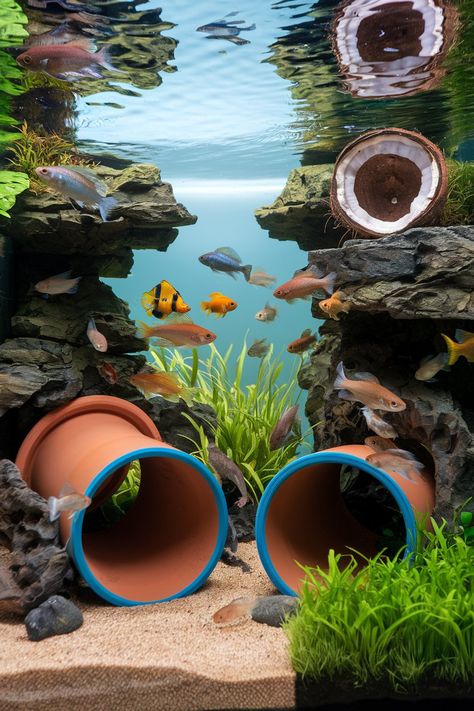 14 Aquarium Decor Ideas to Transform Your Freshwater Aquarium Unique Fish Tanks, Pvc Pipes, Hiding Spots, Aquarium Decor, Aquarium Decorations, Fish Tank Decorations, Freshwater Aquarium, Coconut Shell, Terracotta Pots