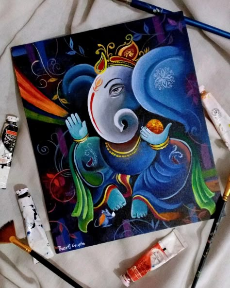 Krishna Unique Painting, Easy Modern Art Paintings For Beginners, Ganpati Bappa Painting On Canvas Art, Ganpati Paintings Canvases, Ganesh Art Paintings Beautiful, Ganesha Canvas Painting Acrylics, Ganpati Canvas Painting, Ganapati Drawing, Ganesha Modern Art