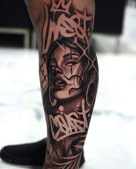 Scar Face Tattoo, Chicana Sleeve Tattoo, Chicano Arm Tattoo, Chicano Sleeve Tattoos For Women, Chicano Leg Tattoo, Chicano Tattoo Arm, Gangsta Tattoos Men Design, Chicano Leg Sleeve, West Coast Style Tattoo