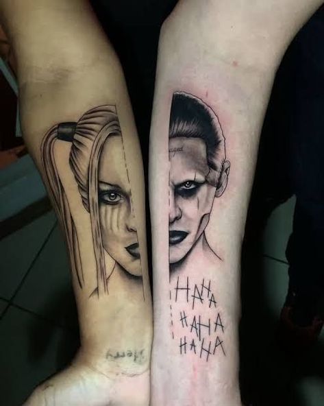 Joker And Harley Tattoo, Joker Y Harley Quinn, Partner Tattoos, Harley Tattoos, Harley Quinn Tattoo, Best Couple Tattoos, Harley And Joker Love, Matching Best Friend Tattoos, Couple Matching Tattoo