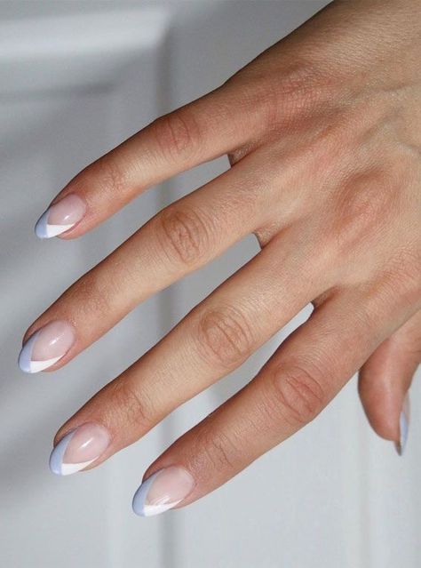 Two Color Tips Nails, Simple White Manicure, Upgraded French Manicure, Short Nails Fall 2022 Trends, Asymmetric French Tip, Pale Blue Nails French Tip, Blue Tip Dip Nails, White And Dusty Blue Nails, Light Blue Minimalist Nails