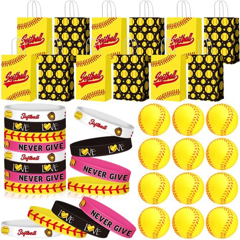 PRICES MAY VARY. Package includes: you will receive 36 pieces softball party favors including 12 pieces softball party bags in 2 shapes, 12 pieces silicone bracelets in 4 styles, and 12 pieces mini softballs, sufficient quantities to meet your different needs and you can also share with your friend Reliable material: our softball team gifts are made of quality materials, the bag is made of brown paper, safe and not easy to tear, the softball is made of sponge, which you can use to release pressu Softball Birthday Party, Softball Treats, Softball Party Favors, Softball Birthday Parties, Softball Birthday, Softball Bracelet, Softball Team Gifts, Softball Party, Softball Bags