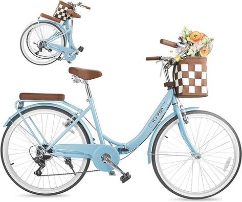 Amazon.com : Foldable Beach Cruiser Bike for Women, 26 Inch Womens Bike with Basket, 7 Speed Commute Bike Adult Bicycles for Women, Lightweight Complete Cruiser Bikes (Blue) : Sports & Outdoors Bike For Women, Bicycle With Basket, Bike With Basket, Cruiser Bikes, Beach Cruiser Bike, Bike Aesthetic, Cruiser Bicycle, Beach Cruiser, Womens Bike