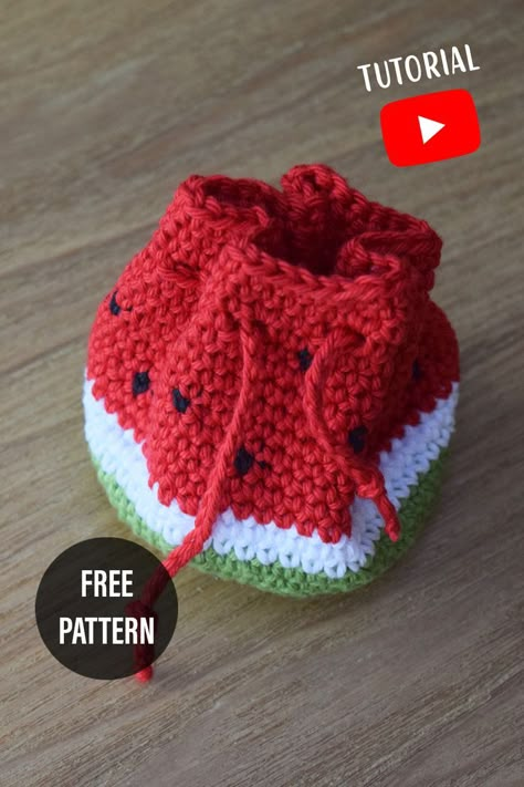 A beginner pattern to crochet a drawstring coin pouch in the shape of a watermelon! Free Crochet Pattern Coin Purse, Crochet Watermelon Purse Free Pattern, Crochet Watermelon Pattern, Crochet Pouch Free Pattern Drawstring, Crochet Drawstring Pouch Pattern Free, Crochet Pouch Bag Pattern Free, Free Crochet Pouch Pattern, Crochet Watermelon Bag, Crochet Pouch Ideas