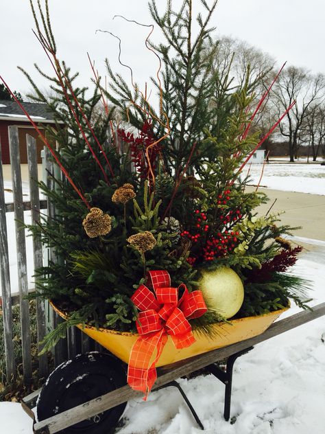 My old wheelbarrow all decked out for Christmas. Christmas Wheelbarrow Decor, Christmas Decor With Wheelbarrow, Old Wheelbarrow Ideas For Christmas, Christmas Wheelbarrow Ideas, Christmas Decor With Wagon, Old Wagon Christmas Decor, Vintage Wheelbarrow Christmas, Christmas Window Boxes, Hanging Christmas Lights