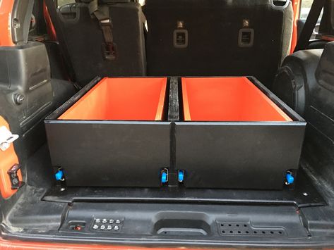 Jeep Tj Rear Storage Diy, Jeep Storage Ideas, Jeep Wrangler Storage Ideas, Deck Drawer, Jeep Conversion, Jeep Storage, Jeep Wrangler Diy, Jeep Bed, Diy Jeep