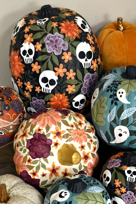 Hand Painted Pumpkins with spooky moths, fun skulls, fall flowers, orange, plum purple, and earthy tones perfect for the fall holidays - Halloween & Thanksgiving - decorate your porch, mantle, or table top. Customization available Pumpkin Painting Thanksgiving, Pumpkin Painting Flowers, Floral Pumpkin Painting, Painted Pumpkins Fall, Pumpkin Inspo, Hand Painted Pumpkin, Pot Art, Flower Pot Art, Painted Pumpkin