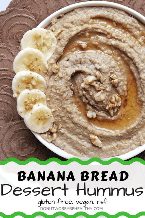 The lowest carb banana bread you'll ever have :P This banana bread dessert hummus takes our favorite baked good and makes it into a flavorful creamy spread that you can serve along fruit or your favorite crackers. #desserthummus #bananabread #bananabreadhummus #glutenfreebananabread Dessert Hummus Recipe, Gluten Free Hummus, Gluten Free Party Food, Dairy Free Recipes Easy, Quick Easy Healthy Meals, Dessert Hummus, Refined Sugar Free Recipes, Healthy Party Food, Baked Good