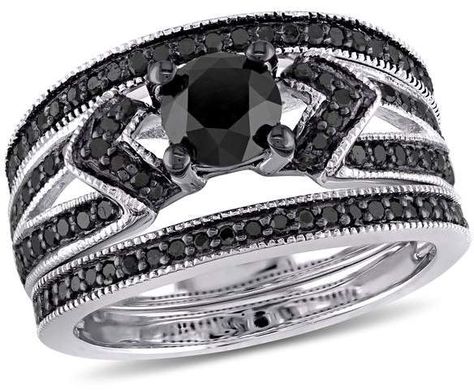 Delmar Mfg. LLC Julie Leah Split Shank 3-Piece Bridal Set in Sterling Silver #accenting#diamonds#ideal Band Necklace, Engagement Wedding Ring Sets, Solitaire Earrings, Black Diamond Engagement, Black Diamond Ring Engagement, Engagement And Wedding Rings, Bridal Ring Sets, Wedding Band Sets, Set Ring