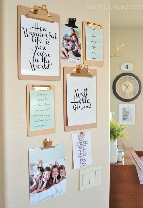 Think outside the box and create a gallery wall that is chic. We're inspired by this unique clipboard design. Clip Board Wall Art, Clip Board Wall, Clip Board Decorating, Hanging Clipboards On Wall, Clipboard Gallery Wall, Clip Board Picture Frame, Clipboard Wall Art, Clipboard Wall, Clipboard Frames