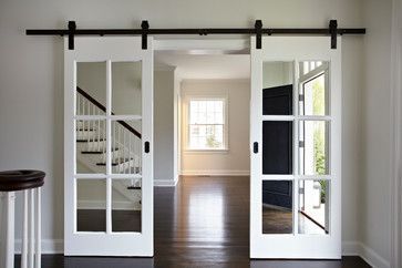 Good idea if you find salvaged french doors that are too tall for the door frame...use barn door hardware Center Hall Colonial, French Doors Patio, Interior Barn Doors, Barn Doors Sliding, Barn Doors, Door Design, French Doors, Barn Door, Sliding Doors