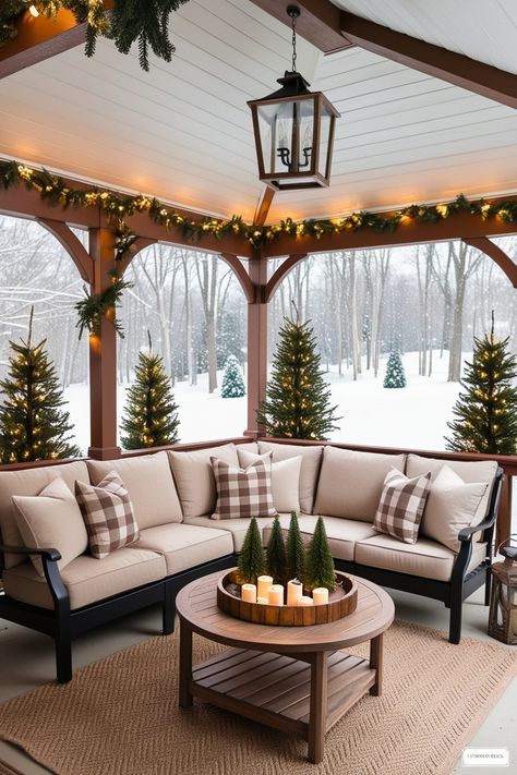 Cozy Winter Patio, Wrap Around Porch Christmas Decor, Porch Beams, Christmas Porches, Snowy Backdrop, Christmas Light Curtains, Cozy Holiday Decor, Mini Christmas Trees, Outdoor Christmas Decoration Ideas