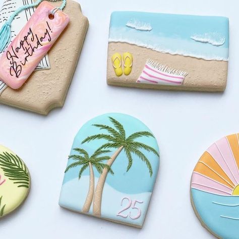 HopeCakes on Instagram: "☀️Dreaming of the Beach!☀️  Fun set for Jaelans 25th birthday!! This set has me dreaming of my next vacation!  . . . #hopecakes #sugarcookies #sugarcookiesofinstagram #sugarcookiedecorating #sugarcookieart #summercookies #vacationcookies #beachcookies #oceancookies #suncookies #sunshinecookies #talentedcookiers   Inspo from @sweet_crumb_bakery @hanamade.cookies 💕" Beach Cookies Decorated, Sunshine Cookies, Bridal Cookies, Beach Cookies, Tree Cookies, Summer Cookies, Palm Trees Beach, 65th Birthday, 25th Birthday