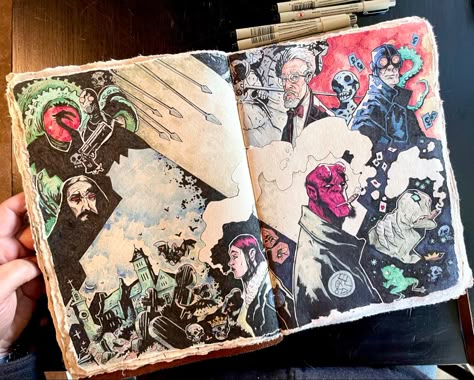 Drawing On Pages Of A Book, Art Comics Illustration, Mike Mignola Art Sketchbook Pages, Sketchbook Comic Sketch, Comic Book Artist Aesthetic, Mike Mignola Sketchbook, Book Reference Photo, New Sketchbook Ideas, Book Art Drawing Sketchbook Pages